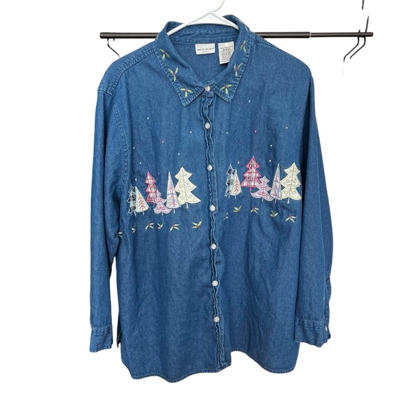 Vintage White Stag Denim Christmas Tree Embroidered‎ Shirt Women's 22W/24W Blue - Picture 1 of 5